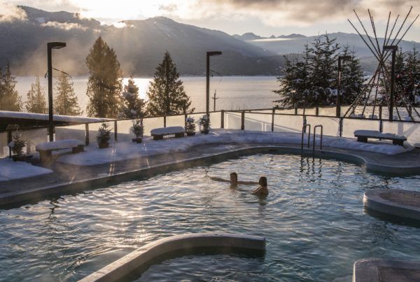 Women in warm water in winter at Ainsworth Hot Springs