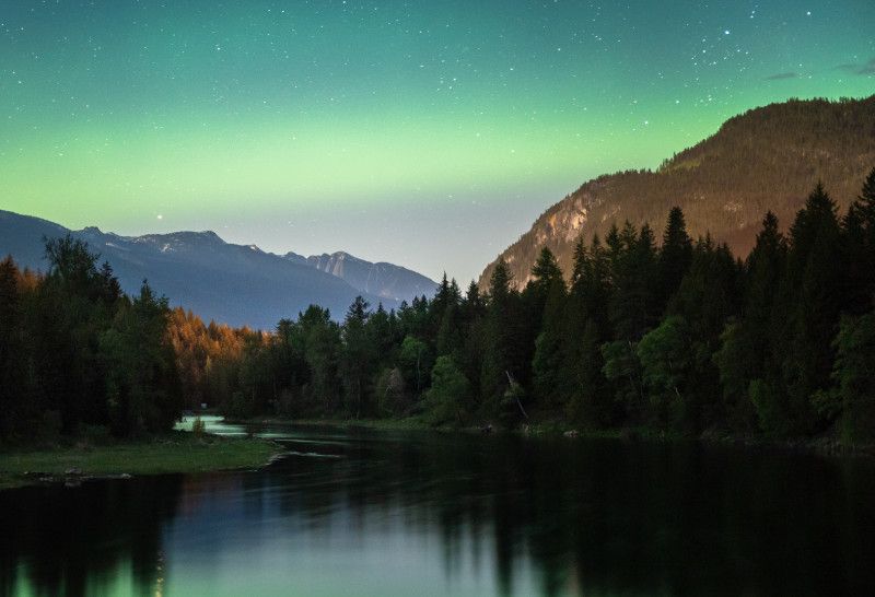 Northern lights over Slocan River, Slocan Valley